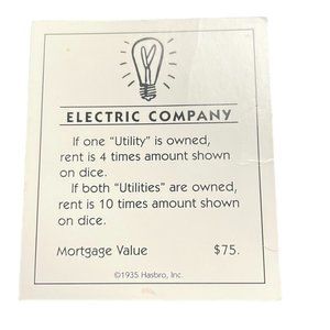 Monopoly Classic Electric Company Utility Property Title Deed Card Replacement u